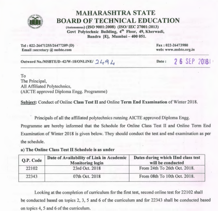 msbte online exam timetable winter 2018 Conduct of OnIine Class